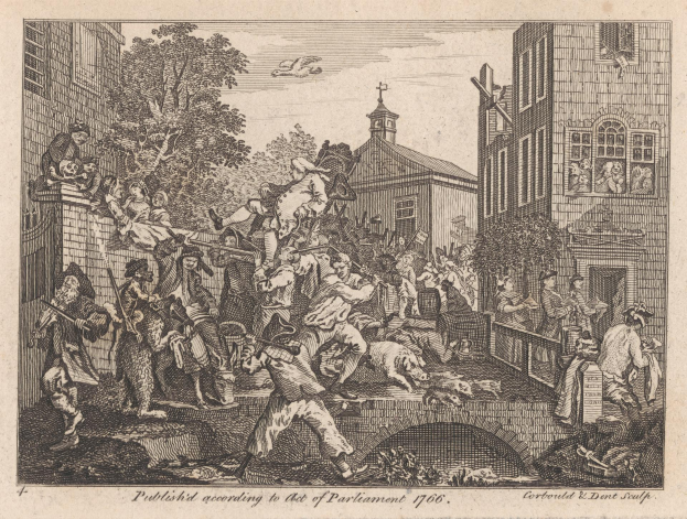 Eine Schwarz-Weiß-Radierung einer Gruppe von Menschen in einer Stadt mit Gebäuden, Bäumen und einem Himmel im Hintergrund, mit einem Text am unteren Rand, der "Das Gesetz von 1706" lautet.