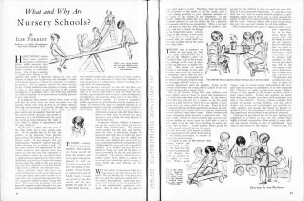 Offenes Buch mit Illustrationen von Kindern, die in einer Kita spielen, begleitet von Text und einer Tabelle mit Gegenst├Ąnden.