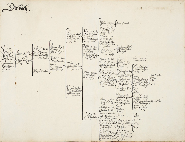 Offenes Buch mit handgeschriebener genealogischer Familienbaumdarstellung.