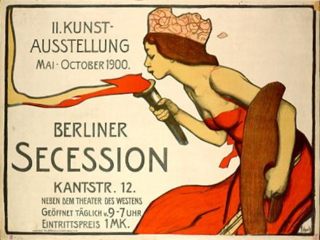 Plakat von 1900 Berlin Secession mit einer Frau in rotem Kleid, die ein Objekt hält, mit Text zu den Ereignisdetails.