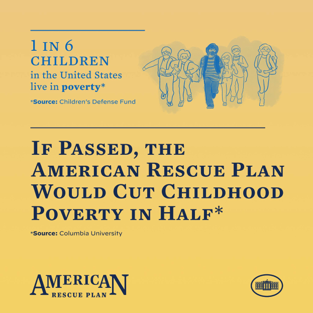 Ein Plakat mit Text, der für das American Rescue Plan wirbt, um die Kinderarmut zu reduzieren, mit einem Bild einer Gruppe von Menschen.