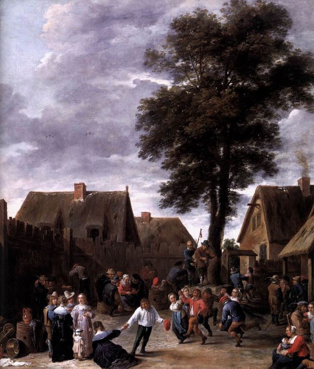 Gemälde mit dem Titel 'Der Tanz im Dorf' von Jan Brueghel dem Jüngeren, das eine Dorfplatzszene mit Menschen, Häusern, Bäumen, einem hölzernen Zaun, bewölktem Himmel und fliegenden Vögeln zeigt.