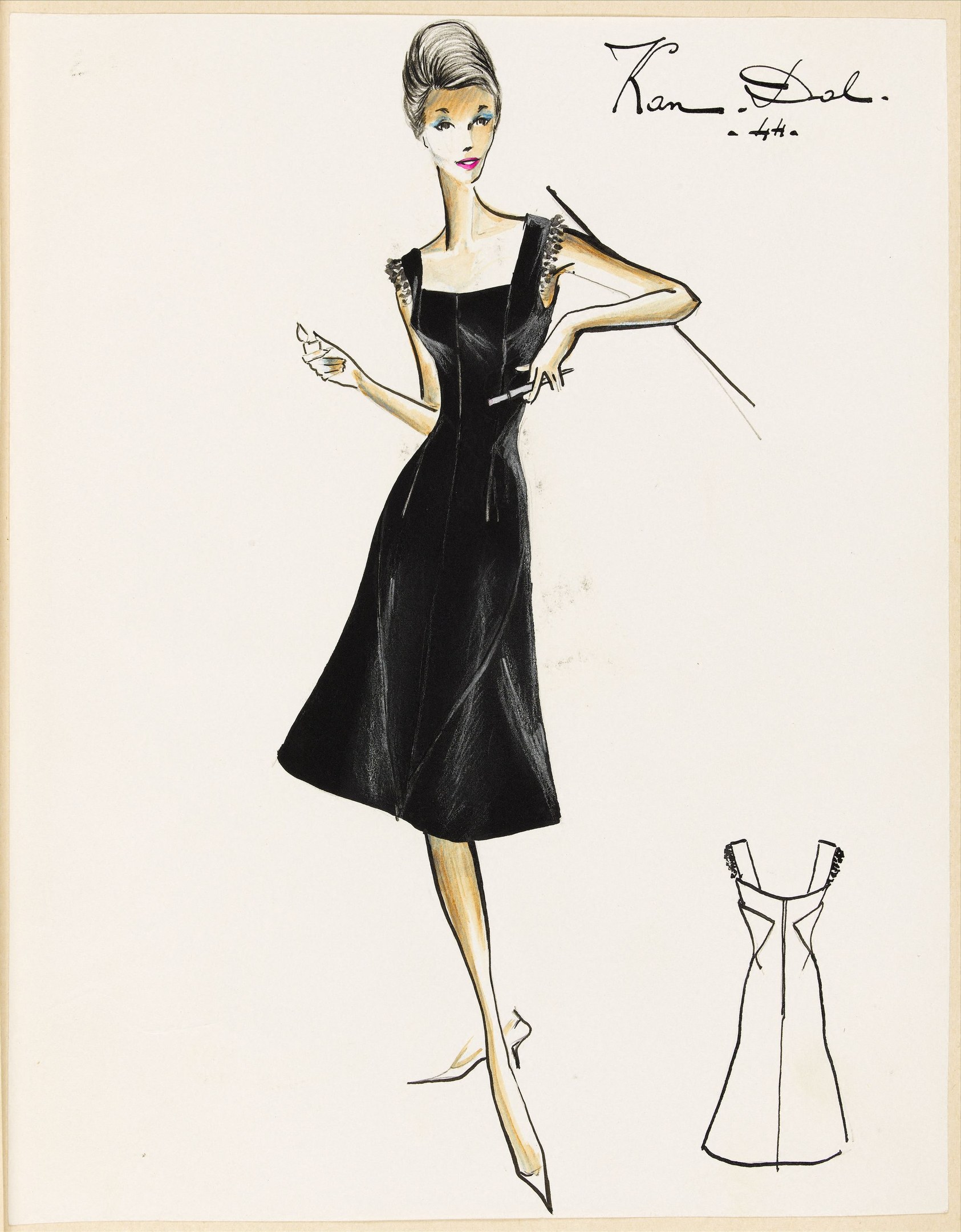 Eine Schwarz-Weiß-Zeichnung einer Frau in einem eng anliegenden schwarzen Kleid mit einem knielangen Rock, schwarzen High Heels und einem eleganten Haarknoten, mit einer Seitenansicht und feinen Zügen.