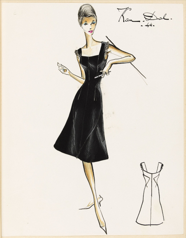 Eine Schwarz-Weiß-Zeichnung einer Frau in einem eng anliegenden schwarzen Kleid mit einem knielangen Rock, schwarzen High Heels und einem eleganten Haarknoten, mit einer Seitenansicht und feinen Zügen.