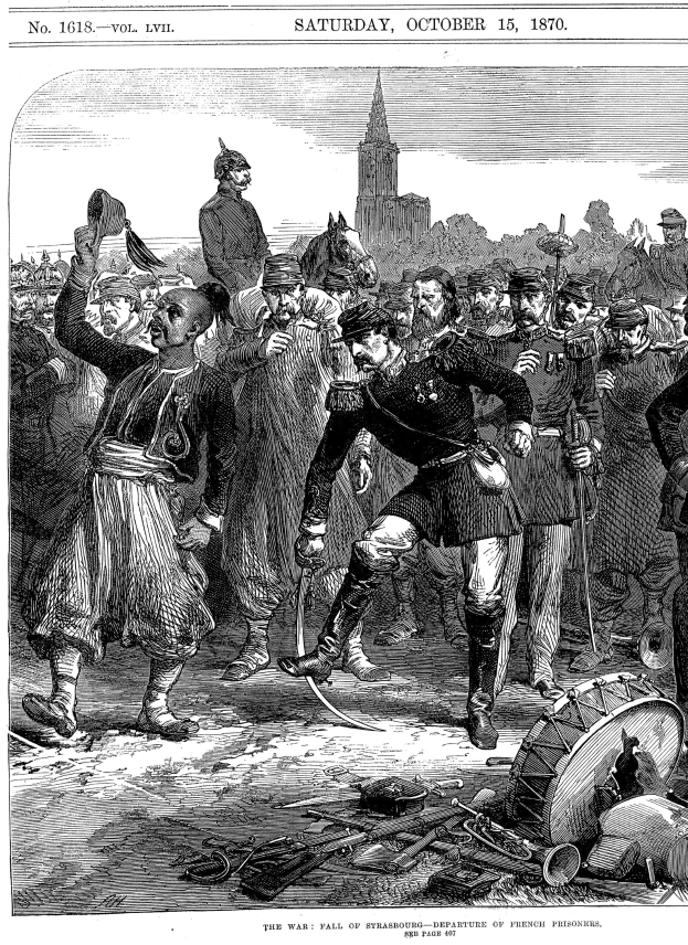 Schwarz-weiß-Zeichnung von Menschen in Not vor einem hohen Gebäude während des Sachsen-Anhalt-Krieges am 15. Oktober 1870, mit einem orangefarbenen Sonnenuntergang.