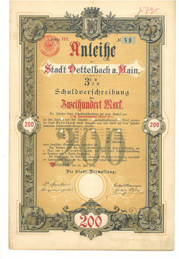 Altes deutsches Aktienzertifikat mit einem Mannsporträt, mit gedrucktem Text und numerischen Werten, die die Aktiendetails angeben.