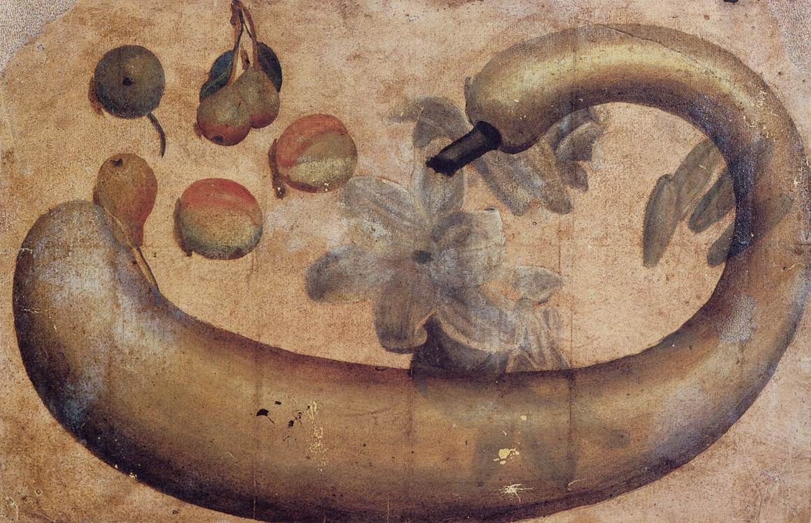 Gemälde einer Banane mit einer Blume darauf, umgeben von verschiedenen Früchten und Blättern auf Papier mit leuchtenden Farben und detaillierten Texturen.