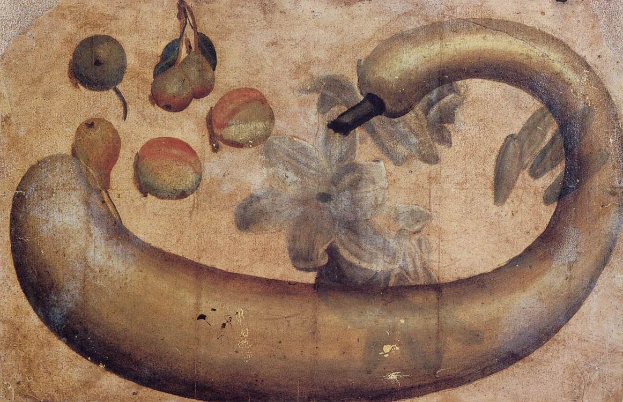 Gemälde einer Banane mit einer Blume darauf, umgeben von verschiedenen Früchten und Blättern auf Papier mit leuchtenden Farben und detaillierten Texturen.