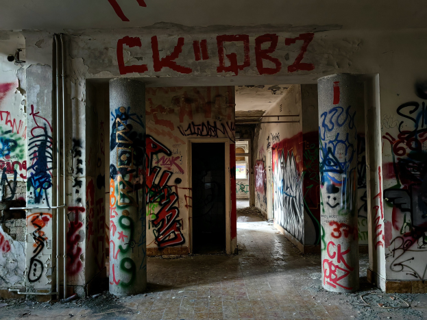Verlassene Gebäudeinnenseite mit Graffiti an den Wänden, sichtbarem Boden und exponierten Rohren, mit einer Tür im Hintergrund.