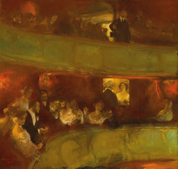 Ein Bild einer bunten Gruppe von Menschen in einem hell erleuchteten Theater, einige stehen, einige sitzen, alle in eleganter Kleidung, die eine lebendige und einladende Atmosphäre schaffen.