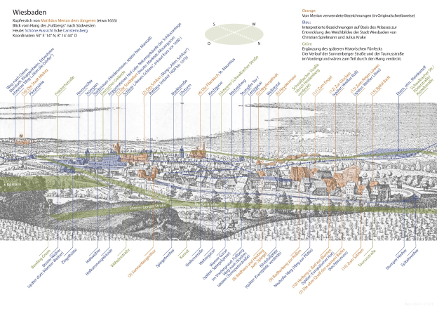 Karte von Wiesbaden, Deutschland, mit weißem Hintergrund und historischen Text sowie farbcodierter Umgebung von Städten und Dörfern.