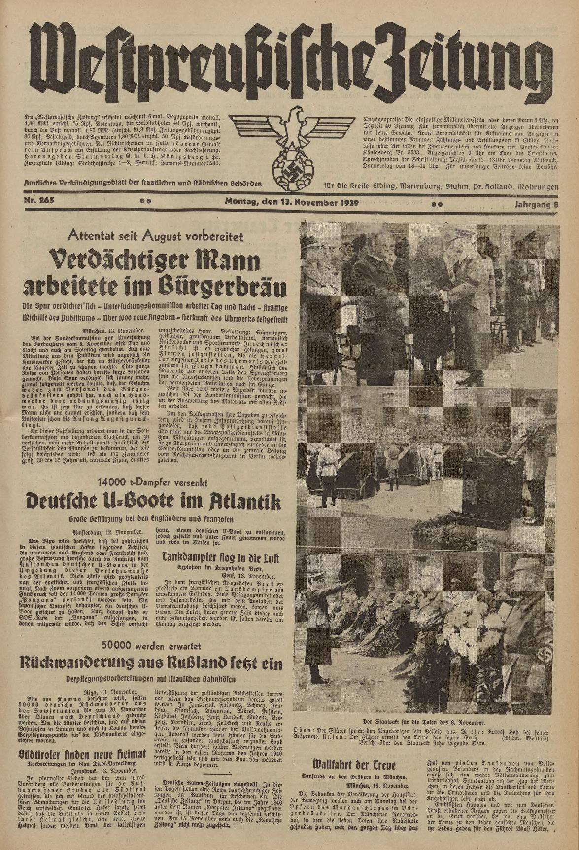 Schwarze-weiß-Titelseite einer deutschen Zeitung vom 13. November 1939 mit der Überschrift 'Weitpreubliche Zeitung', die eine Gruppe von Menschen in traditioneller deutscher Tracht in einer feierlichen Szenerie zeigt.