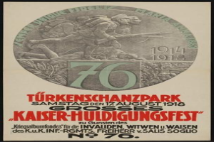 Plakat zum 70. Jubiläum des Kaiser-Huldigungsfestes in Berlin, Deutschland, das eine Gruppe von Menschen mit Text und Zahlen in einem gerahmten Design zeigt.
