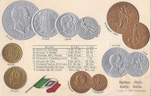 Ein Blatt Papier mit einer Reihe italienischer Münzen von 1877 bis 1910, darunter mehrere 20-Lire-Stücke, mit Text und Porträts und zwei Flaggen unten, darunter die italienische Flagge.