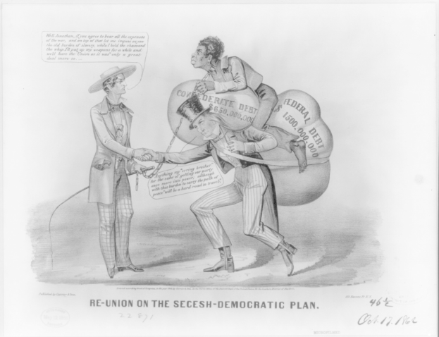 Ein Schwarz-Weiß-Karikatur auf einem Blatt Papier, das zwei Männer beim Handschlag zeigt, einer trägt eine Tasche, mit der Aufschrift "Wiedervereinigung auf dem secesh-demokratischen Plan".