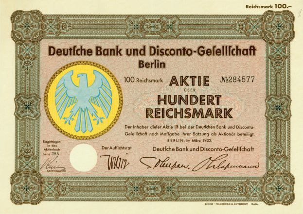 Alte deutsche Banknote mit einem Vogelmotiv und der Aufschrift "Deutsche Bank und Disconto-Gesellschaft Berlin."