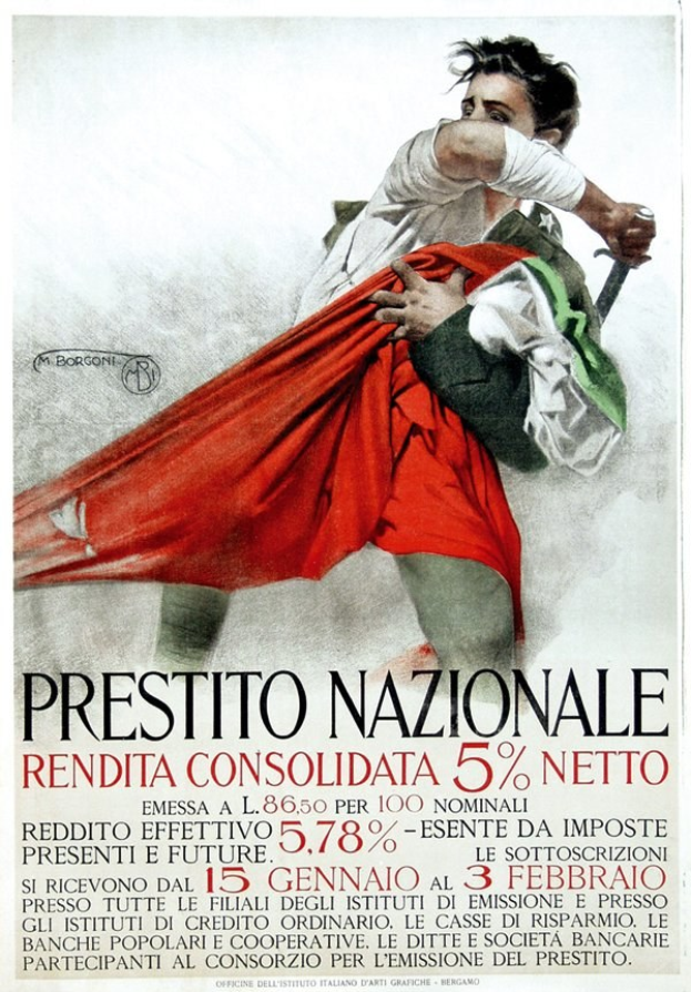 Plakat mit einem Mann in einem weißen Hemd, der ein rotes Tuch hält, mit der Aufschrift "Prestito Nazionale Rendita Consolidata 5% Netto" oben und einem entschlossenen Gesichtsausdruck.