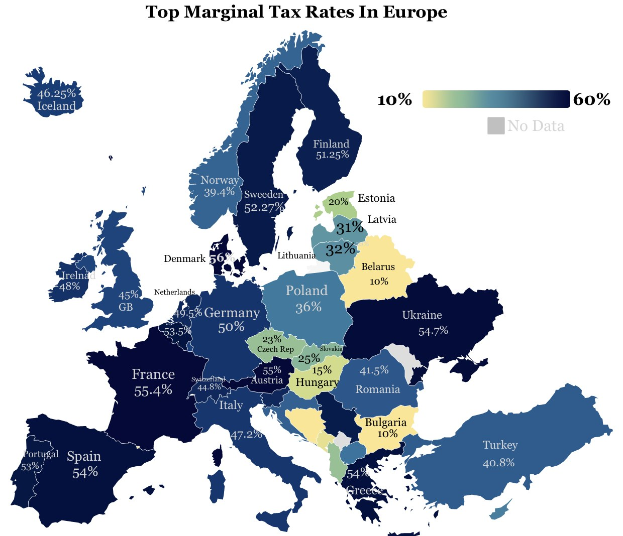 Eine Karte von Europa mit Farben, die die Spitzensteuersätze in jedem Land anzeigen, mit der Überschrift "Spitzensteuersätze in Europa".