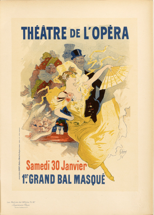 Plakat für das Théâtre de l'Opéra in Paris mit einer Frau in einem weißen Kleid mit einem blauen Schultertuch, ihre Haare zu einem Knoten gebunden, vor einem tiefblauen Nachthimmel mit Sternen.