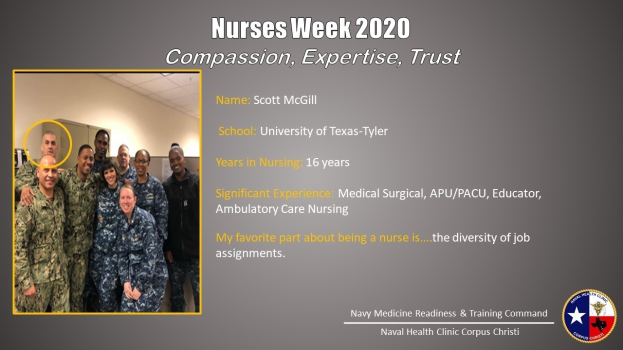 Eine Gruppe von Menschen, die auf der linken Seite stehen und lächeln, mit einer Wand und Decke im Hintergrund und auf der rechten Seite Text, der 'Nurses Week 2020: Mitgefühl, Expertise, Vertrauen' und ein Logo zeigt.