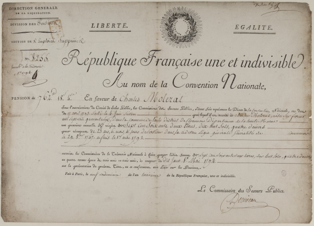 Ein altes Dokument mit einem Schwarz-Weiß-Bild eines Männergesichts, das eine Vereinbarung zwischen der Republik Frankreich und der Convention Nationale zeigt.