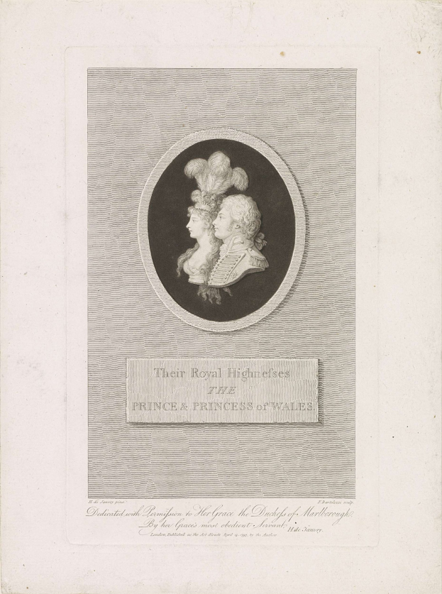 Schwarzes-weißes Bild einer Zeitung mit einem Foto des Prinzen und der Prinzessin von Wales neben dem Text.