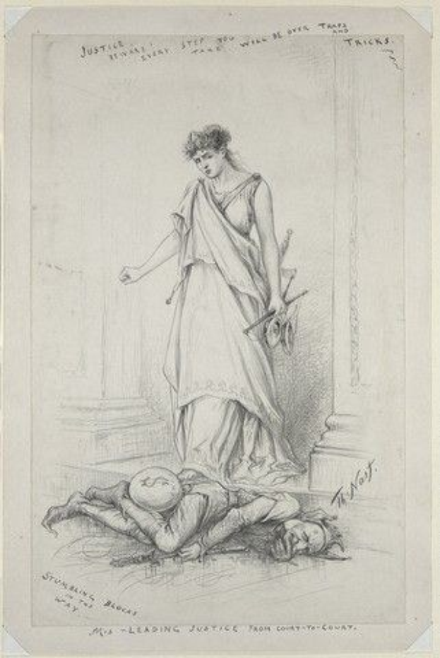 Eine Frau in einem langen Kleid steht mit gefalteten Händen neben einem Mann, der auf dem Boden liegt und seinen Kopf auf den Händen hat; der Text lautet "Die führende Richterin des Kreisgerichts".