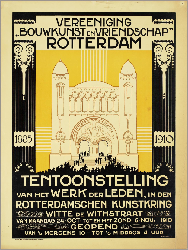 Plakatwerbung für ein Konzert in Rotterdam, Niederlande, mit einem Bild eines Gebäudes und Veranstaltungseinzelheiten.