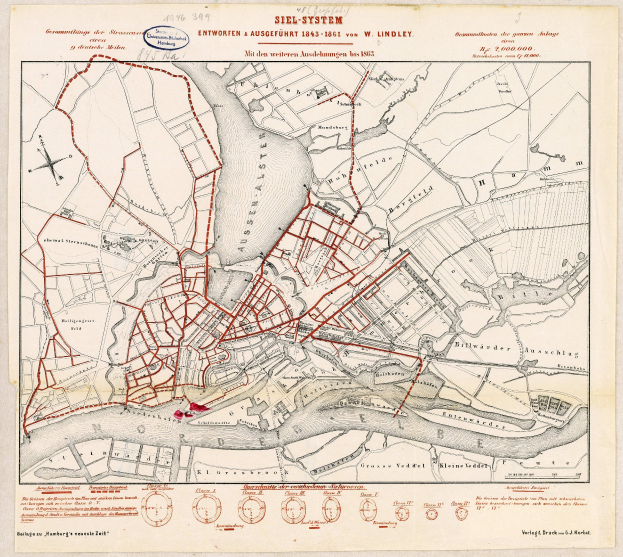 Alte Karte von Hamburg, Deutschland, mit roten Linien, die die Route des Siel-Systems markieren, auf Papier gedruckt mit handgeschriebener Text.