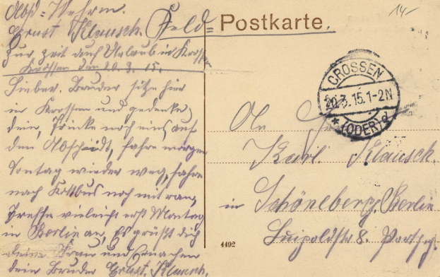 Eine alte Postkarte von Deutschland nach Deutschland vom 15.15.1912 mit handschriftlichem Text und einer Briefmarke oben rechts.