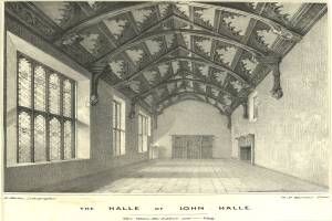 Alte Architekturzeichnung von John Halle's Halle, die Decke, Wände, Fenster und eine Tür zeigt, mit Text unten.