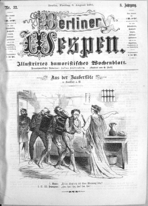 Schwarze und weiße Zeitung datiert "Berliner Wespen, 6. August 1875" mit einer verzweifelten Gruppe von Menschen, einige schauen ängstlich nach oben und andere verwirrt nach unten.