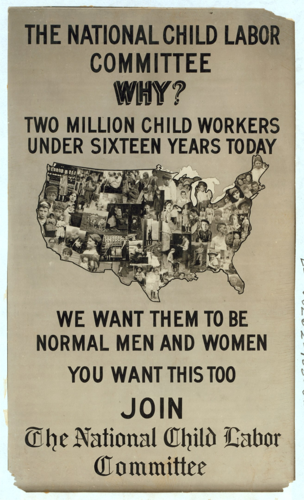 Plakat mit der Aufschrift "Nationaler Ausschuss für Kinderarbeit: Warum? Zweieinhalb Millionen Kinderarbeiter unter sechzehn Jahren heute" mit einer USA-Karte und mehreren illustrierten Gesichtern, die Ausschussmitglieder darstellen.