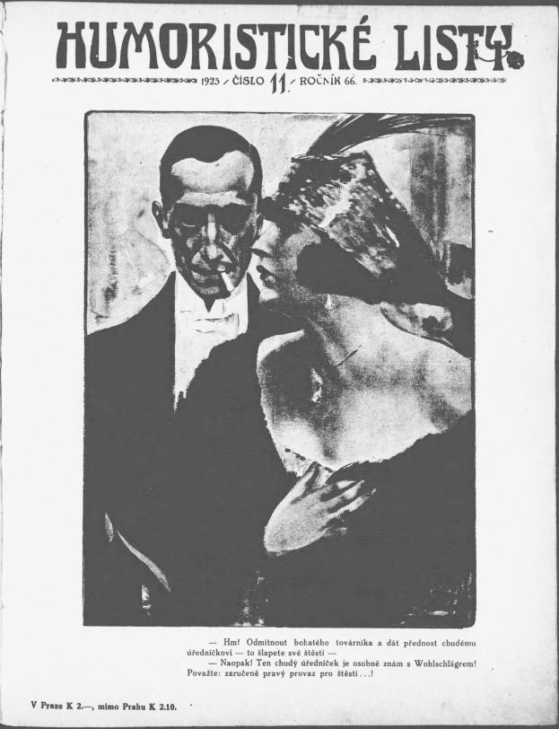 Schwarze und weiße Zeitschriftentitel 'Humoristische Liste' mit einem Mann im Anzug mit ernstem Gesichtsausdruck und einer Frau, die schmunzelnd wegsieht.