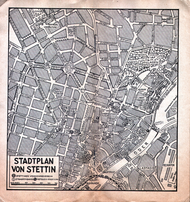 Ein detaillierter alter Stadtplan von Stuttgart auf Papier, der Straßen, Gebäude, Sehenswürdigkeiten und begleitenden Text zeigt.