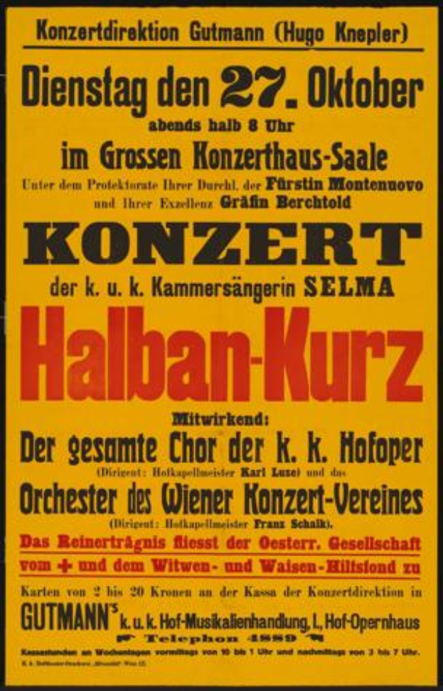 Ein gelbes Plakat, das ein Konzert in Berlin, Deutschland, ankündigt, mit dem Text 'Konzert Halban-Kurz'.