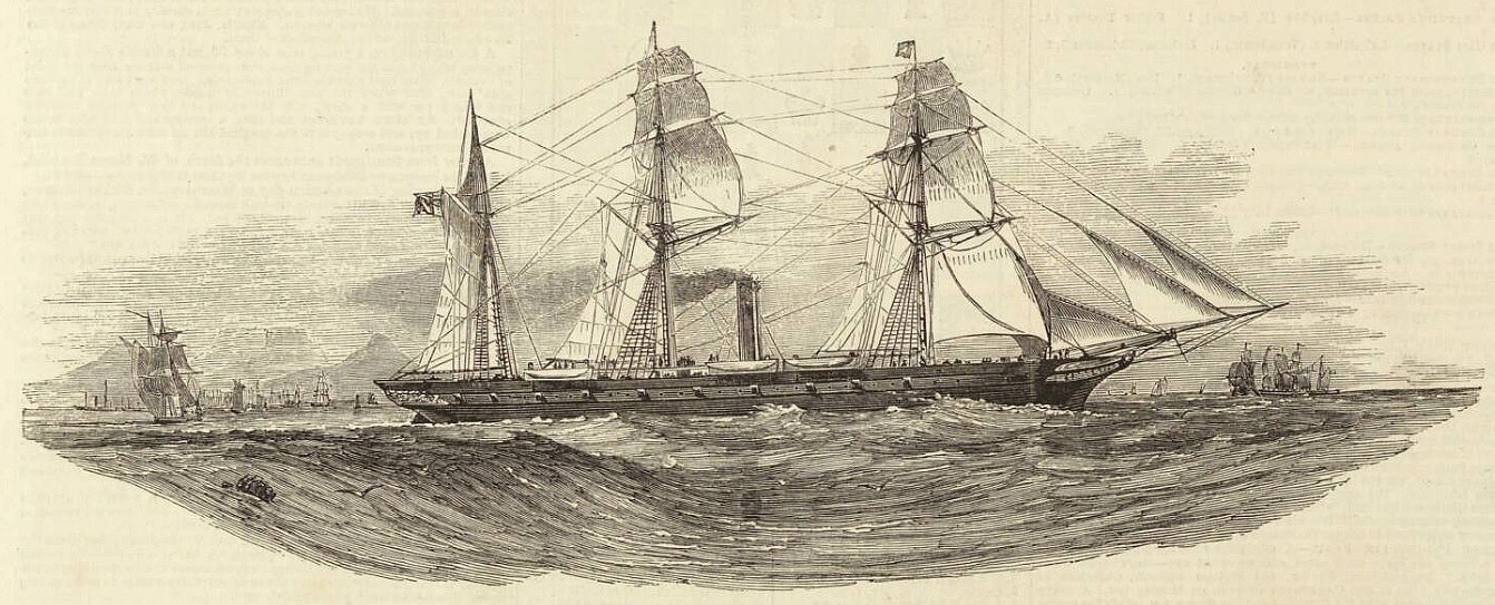 Einschnitte einer detaillierten Segelschiff mit blähenden Segeln, das auf dem Ozean segelt, andere Schiffe im Hintergrund, mit Text unten.