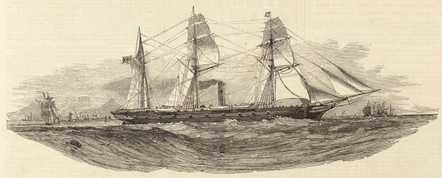 Einschnitte einer detaillierten Segelschiff mit blähenden Segeln, das auf dem Ozean segelt, andere Schiffe im Hintergrund, mit Text unten.