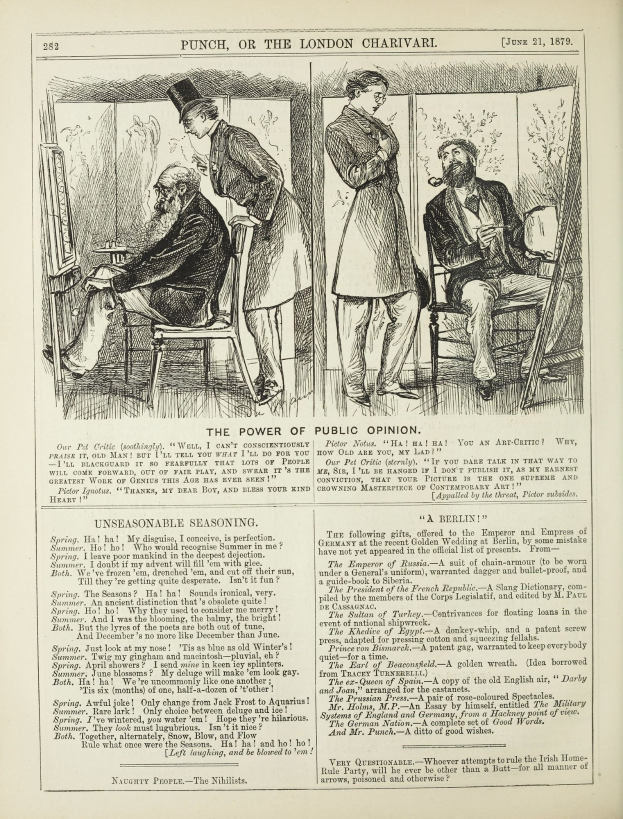Ein altes Buch mit einer Zeichnung eines Mannes in einem Anzug, der in einem Stuhl sitzt und einen ernsthaften Gesichtsausdruck hat, und einer Frau, die neben ihm steht; der Text auf der Seite lautet "Die Macht der öffentlichen Meinung".