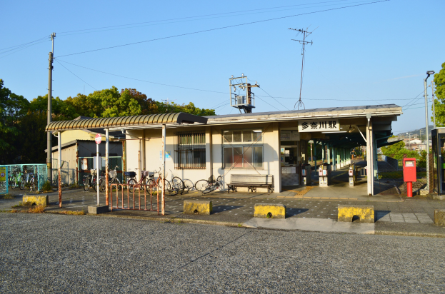 Ein Bahnhof mit vor ihm geparkten Fahrrädern, einer Straße unten, Häusern und Bäumen im Hintergrund und einem klaren blauen Himmel.