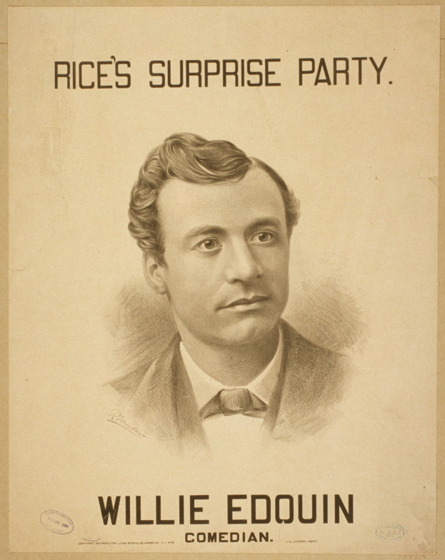 Ein Plakat mit dem Komiker Willie Edouin und der Aufschrift 'Rice's Überraschungsparty'