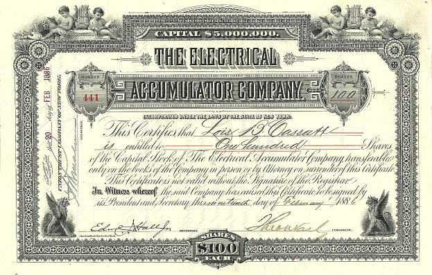 Ein Aktienzertifikat der Elektroakkumulatorengesellschaft mit detaillierten Designs, das den Text "The Electrical Accumulator Company" zeigt.