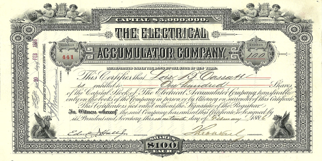 Ein Aktienzertifikat der Elektroakkumulatorengesellschaft mit detaillierten Designs, das den Text "The Electrical Accumulator Company" zeigt.