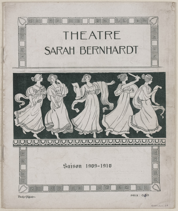 Plakat für das Theatre Sarah Bernhardt von 1909-1910, das eine Gruppe von Frauen in der Mitte zeigt, mit Texten, die das Theater und seine Künstler beschreiben.