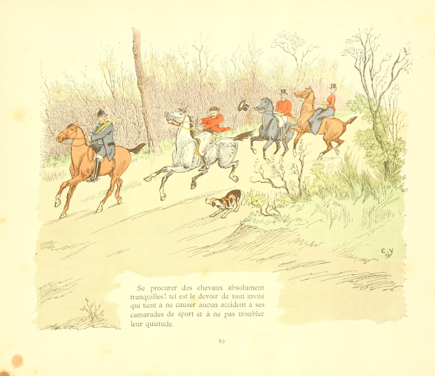 Eine Gruppe von Menschen, die auf Pferden eine Schotterstraße entlangreiten, mit einem Hund, der neben ihnen läuft, und Bäumen und Pflanzen im Hintergrund.