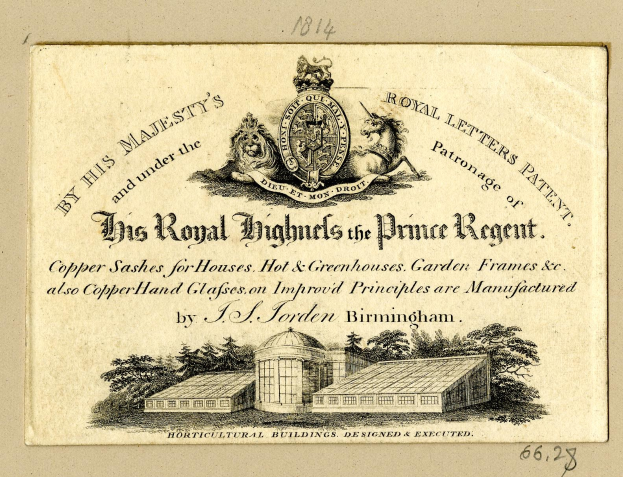 Alte Visitenkarte mit einer Illustration eines Gebäudes mit Bäumen, Text 'Die Königlichen Hochhäuser des Prince Regent' und einem Logo.