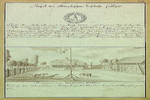 Schwarzes und weißes Bild einer handgezeichneten Straßenszene auf der ersten Entwurfsfassung der deutschen Verfassung, mit einer Fahnenstange, Gebäuden, Bäumen und Himmel, mit sichtbarem handgeschriebenem Text.