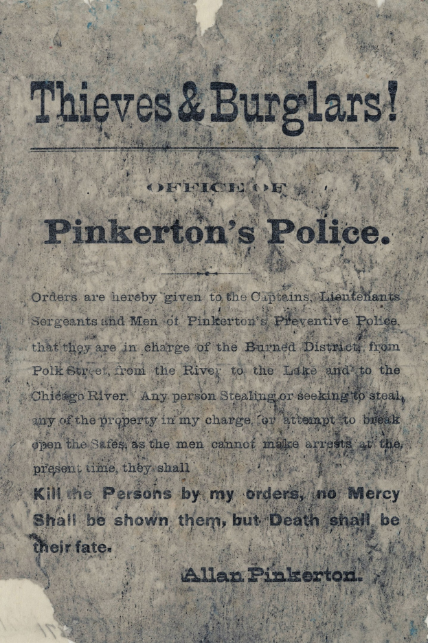 Ein Plakat mit der Aufschrift "Diebe & Einbrecher Pinkerton's Police" in fetter schwarzer Schrift auf einem weißen Hintergrund, eingerahmt von einem schmalen schwarzen Rand.