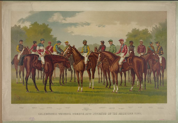 Gruppe von Menschen, die auf einem grünen Feld mit Bäumen und einem blauen Himmel reiten, mit Text unten: "Feier der siegreichen Pferde und Jockeys des amerikanischen Turf"