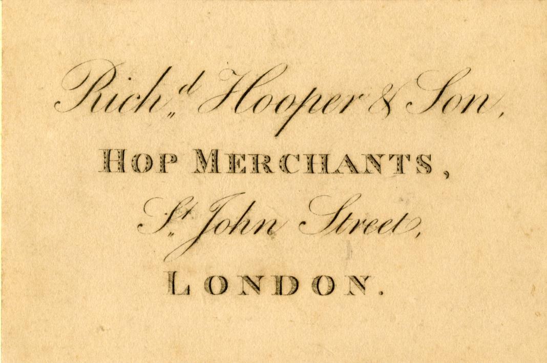Geschäftskarte für Rich, Hooper & Son, Hopfenhändler, located on St John Street, London.